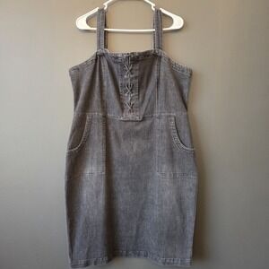 INC Black Denim Pinafore Jumper Dress 18 Cross Lace Front Zip Back Grunge Goth